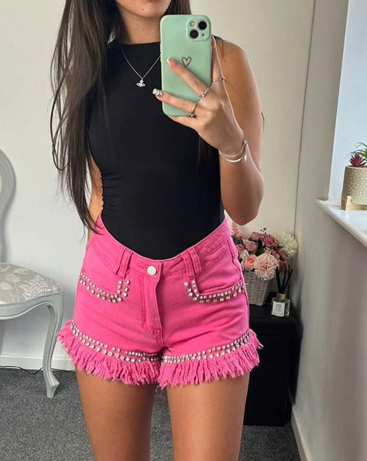 Sofia Pink denim jewelled thigh shorts