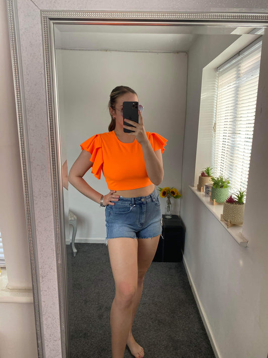 Teagan Orange frill sleeve belly button top