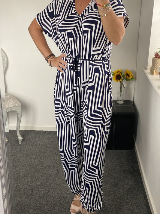 Jenny plus size Blue and white jumpsuit pockets